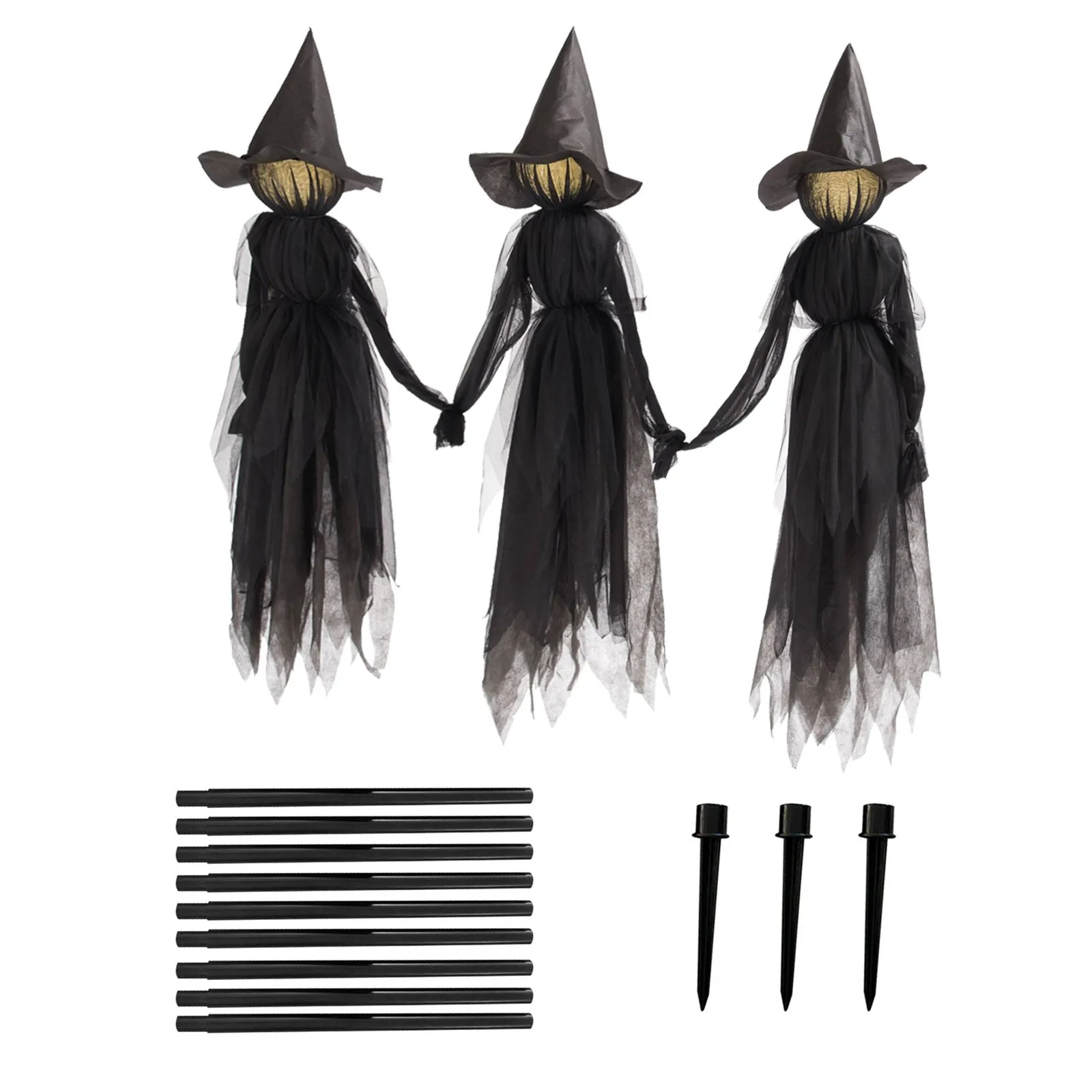 

Light-Up Witches with Stakes Halloween Decorations Outdoor 3 People Holding Hands Screaming Witches Sound Activated Sensor Decor