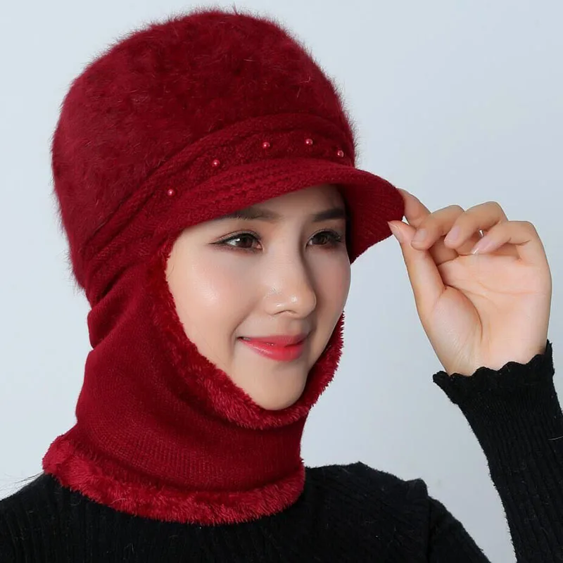 Высококачественные зимние шапки для женщин Skullies Beanie cap шляпки из шерсти набор теплая маска Gorras шапка из кроличьего меха Вязаная Шапка