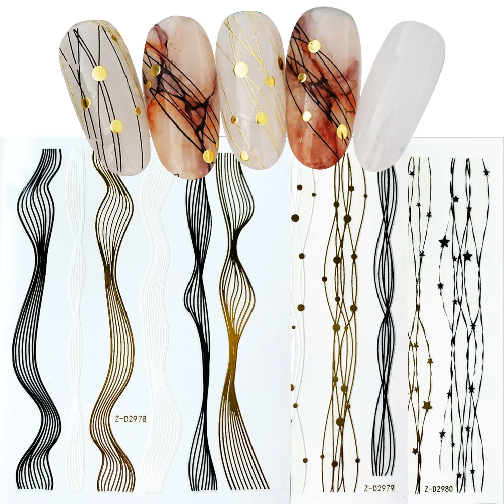 1 шт. золотистые + черные белые 3D Наклейки для ногтей прямые изогнутые вкладыши