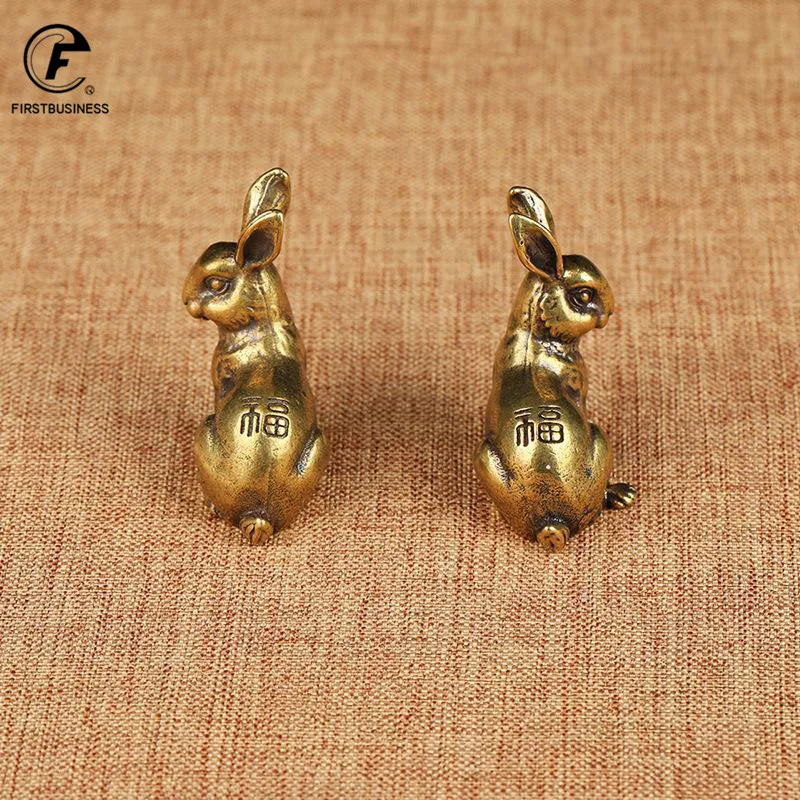 Античная медь Зодиак милый кролик статуя украшения 1 пара Винтаж твердая латунь