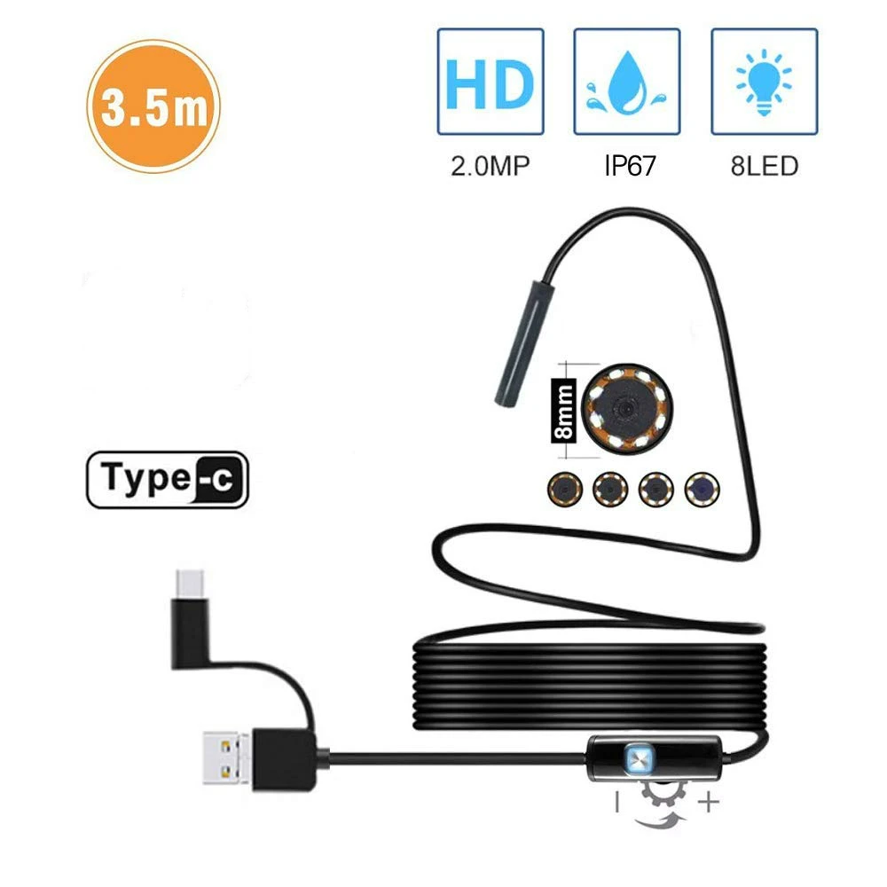 2 0 MP HD камера 1200P 8 мм 1 м 5 Полужесткий USB эндоскоп Тип C бороскоп Инспекционная для