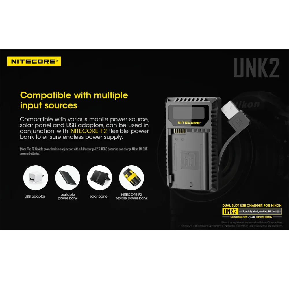 Новый Nitecore UNK2 Dual USB Зарядное устройство для Nikon EN-EL15 Батарея D500 D600 D610 D750 D800 D800E D810 D810A