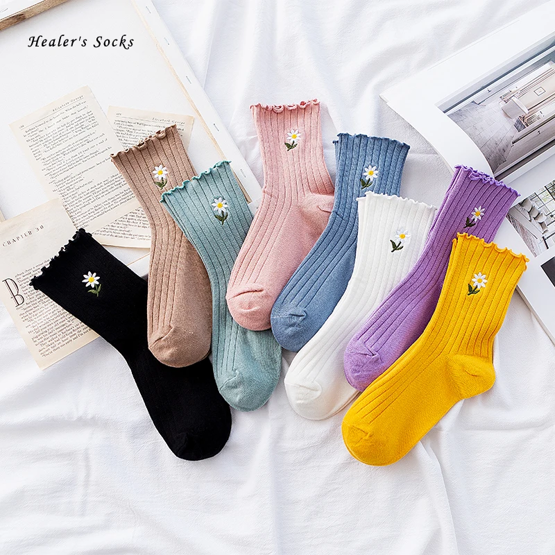 

Носки женские, хлопковые, 2020, забавные, в стиле Харадзюку, однотонные цветы