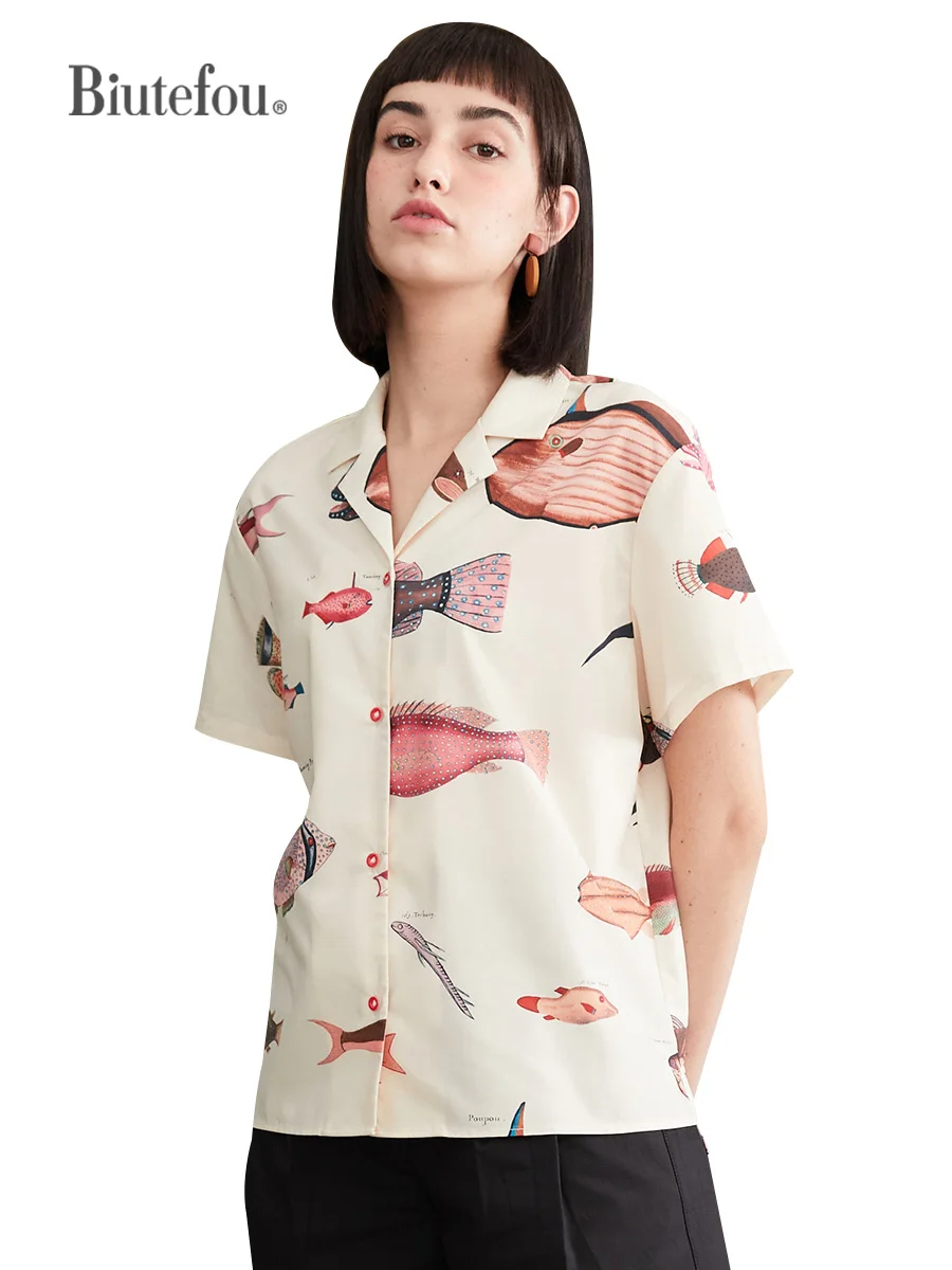

2022 Summer Women Loose Short Sleeve Ocean Fish Print V Neck T-Shirt
