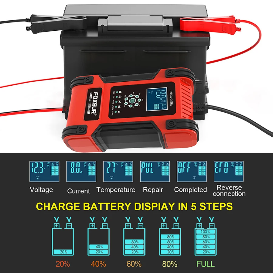 foxsur 12 amp fully automatic smart charger 12v and 24v battery chargermaintainer trickle chargerlifepo4 battery charger free global shipping