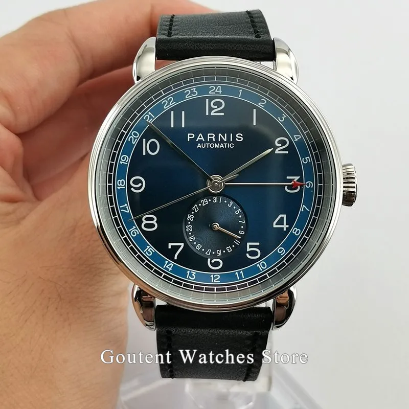 A4 Новые Parnis 42 мм GMT мужские часы Лидирующий бренд механические мужские часы Серебристый футляр для часов ДАТА кожа автоматические мужские наручные часы - Цвет: A4