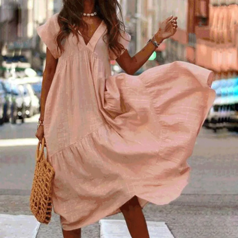 

Women Short Sleeve V-Neck Irregular Summer Dress Fashion Loose Casual Solid Color Dress Plus Size Cotton Linen Dresses