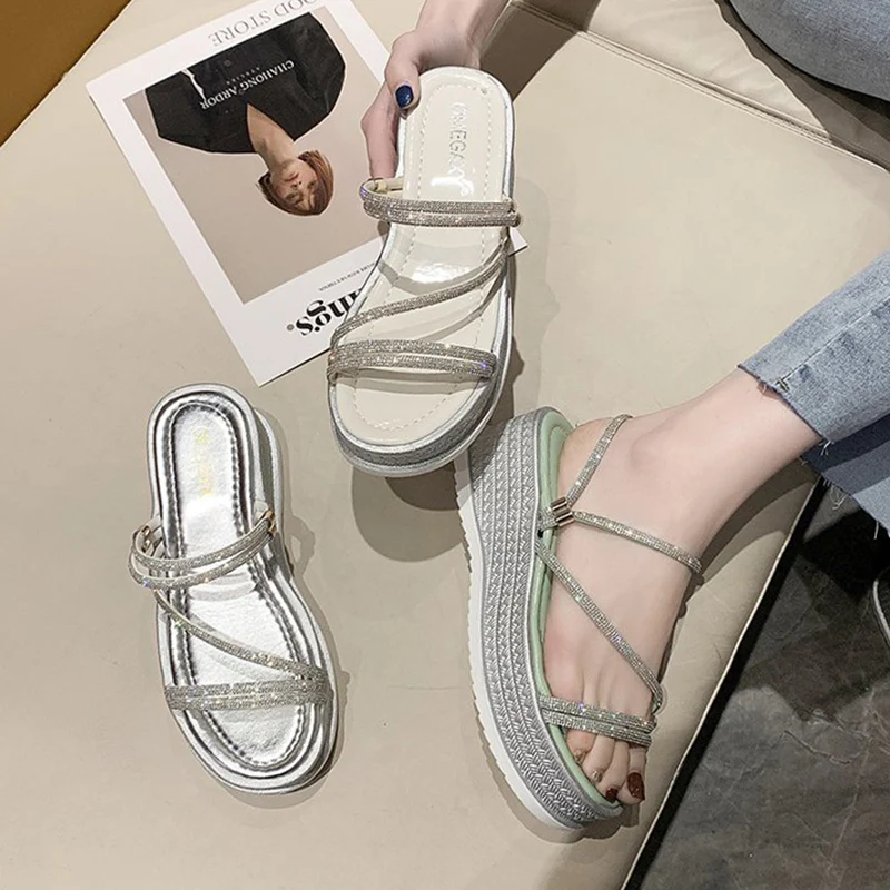 

On A Wedge Shoes Woman 2021 Slippers Casual Med Heeled Mules Pantofle Platform Luxury High New Flat Fabric Slides Basic Rubber P