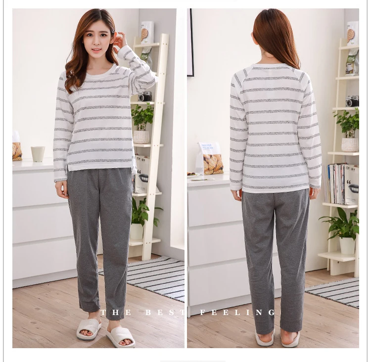 Пижамные комплекты для женщин с круглым вырезом Pijama Mujer пижама с длинным рукавом весенняя Хлопковая пижама Femme Повседневные наборы пижам комплект из двух предметов