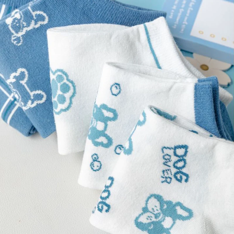

5 Pairs Harajuku Cute Socks Set Korean Style Women Sock Pack Kawaii Animal Dog Print Happy Funny Low Cut Ankle Short Socken Girl