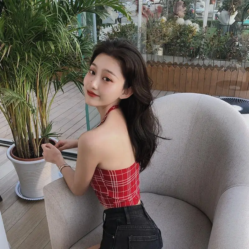 

Women Corset Tops Flala Plaid Halter Spaghetti Straps Vest Women's High Waist Top Tank Camis Crop Top For Women