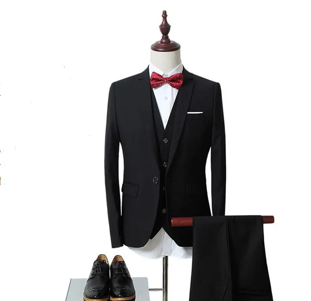 Mens Oversize Simple Solid Color Suit Three-piece British-style Business Social Banquet Formal Wear Dress