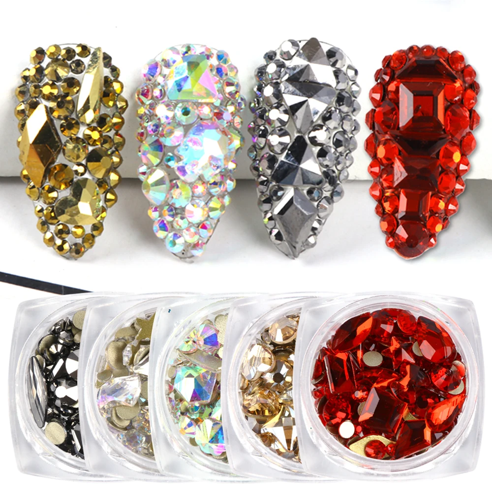 1 Box Mixed Glass 3D Rhinestones For Nail Art Decorations Crystal Gems Jewelry Gold AB Shiny Stones Manicure Accessories LA1607 | Красота и