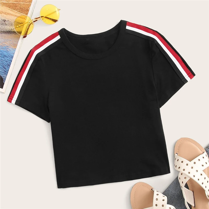 SweatyRocks топ в контрастную полоску, уличная одежда с коротким рукавом, женские футболки с боковой полосой, летние повседневные женские короткие футболки
