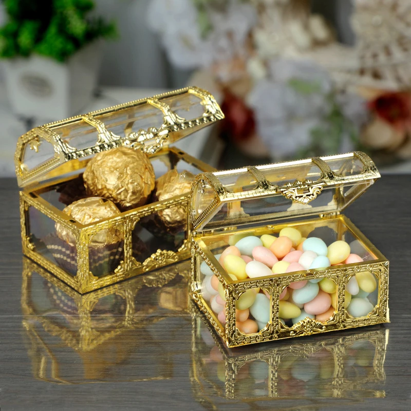 

1PC Mini Plastic Hollow Gold Foil Cake Candy Box Wedding Favor Marriage Baby Shower Gift Treat Box Packaging Party Event Supply