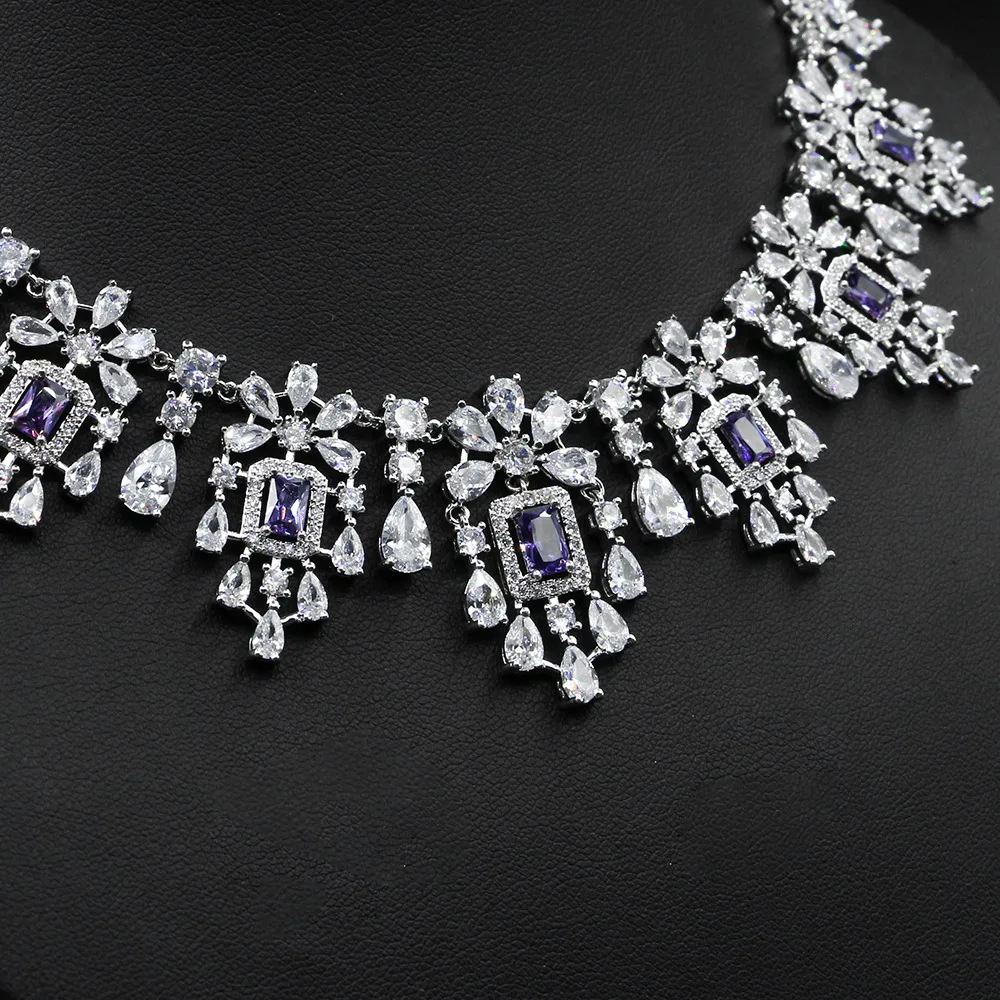 

Linmouge Luxury Purple AAA+ Cubic Zircon Breide Necklace Earrings Fine Jewelry For Women Wedding Trendy Dress Accessories GE49