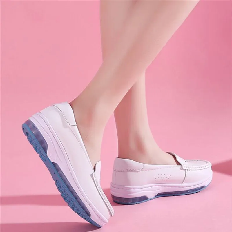 Genuine Leather Shoes Woman Flats Chunky Loafers Nurse Comfortable Shoes for Job Work Women Size 41 Slip on Platform White Shoes