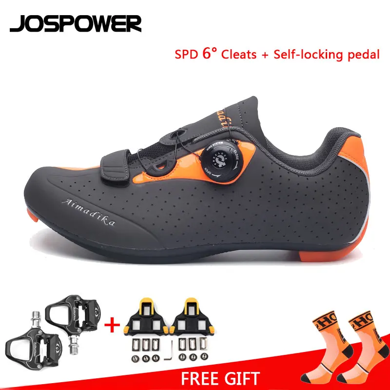 orange with cleats JOSPOWER MTB шоссейная велосипедная обувь износостойкая дышащая велосипедная обувь Мужская профессиональная гоночная команда самоблокирующаяся Спортивная велосипедная обувь - Color: orange with cleats