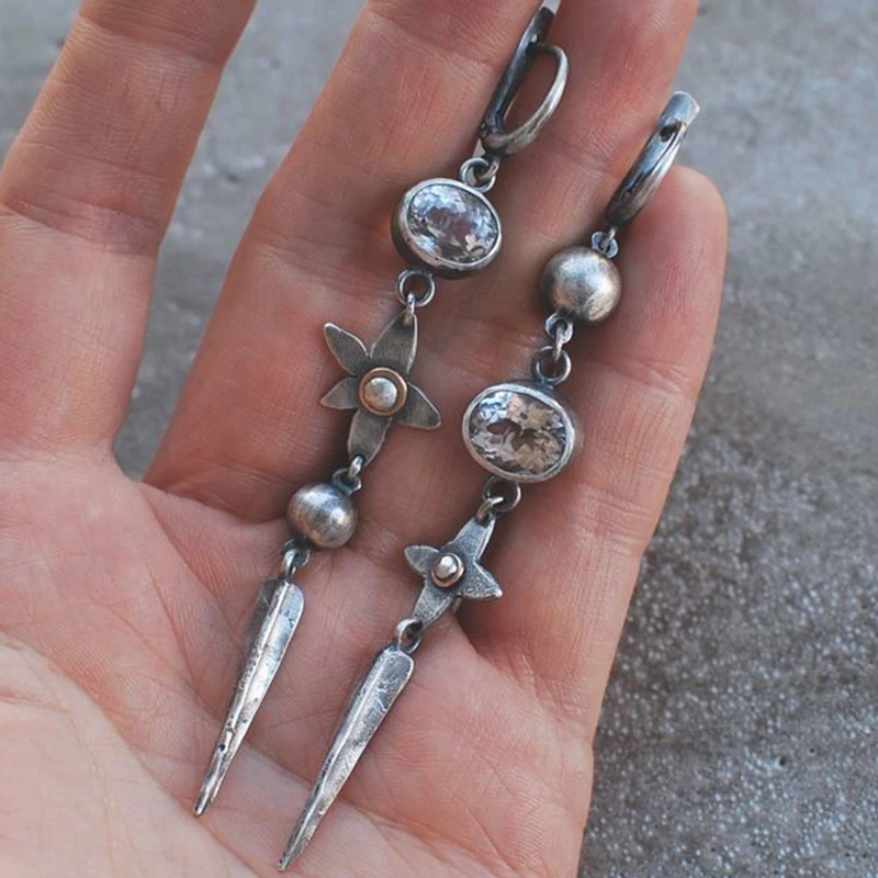 

Super Long Antique Silver Leaf Earrings Punk Vintage Flower Metal White Crystal Cone Pendant Earrings For Women Free Shipping
