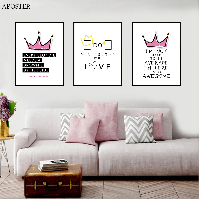 Розовый английский ЛЮБОВЬ слово холст Корона художественный Принт плакат