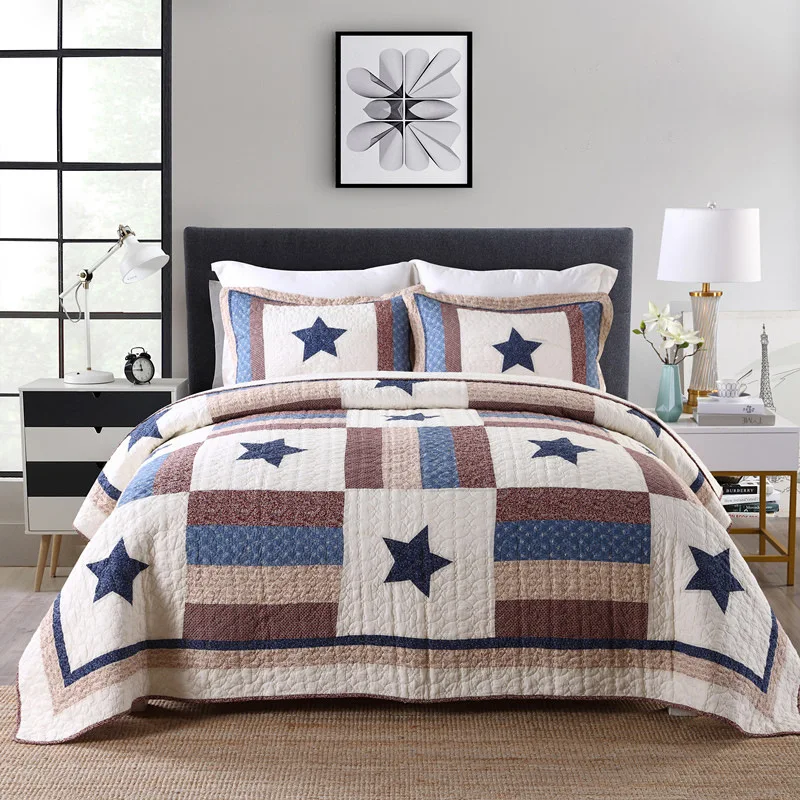 

New Luxury Bedspread on the Bed Quilts 3PCS Cotton Quilt Set Star Patchwork Bed Cover Pillowcase King Queen Size Blanket for Bed