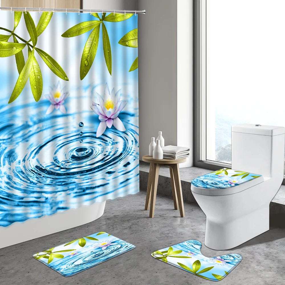 

Green Leaf Flower Shower Curtain Natural Scenery 3D Art Decor Floral Curtains Bathroom Set Indoor Carpet Bath Mats Non-slip Rugs