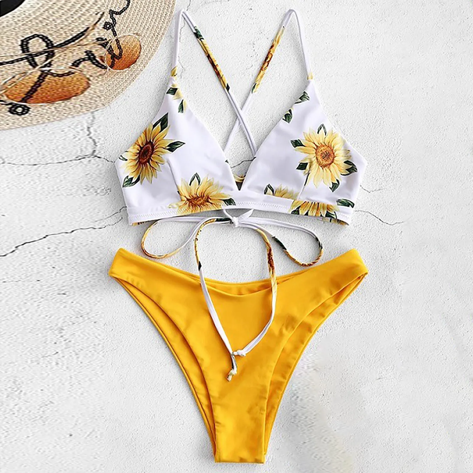 

Sunflower Printed Bikini Set Sexy Swimwear Women 2021 Mujer Push Up Padded Biquini Bathers Bandage Bathing Suit Swimsuit Bikinis