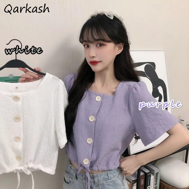 

Shirts Women Cropped Simple Fashion Korean Style Camisas Mujer 2021 Tender Clothing Square Collar Solid Lightweight Casual Tops