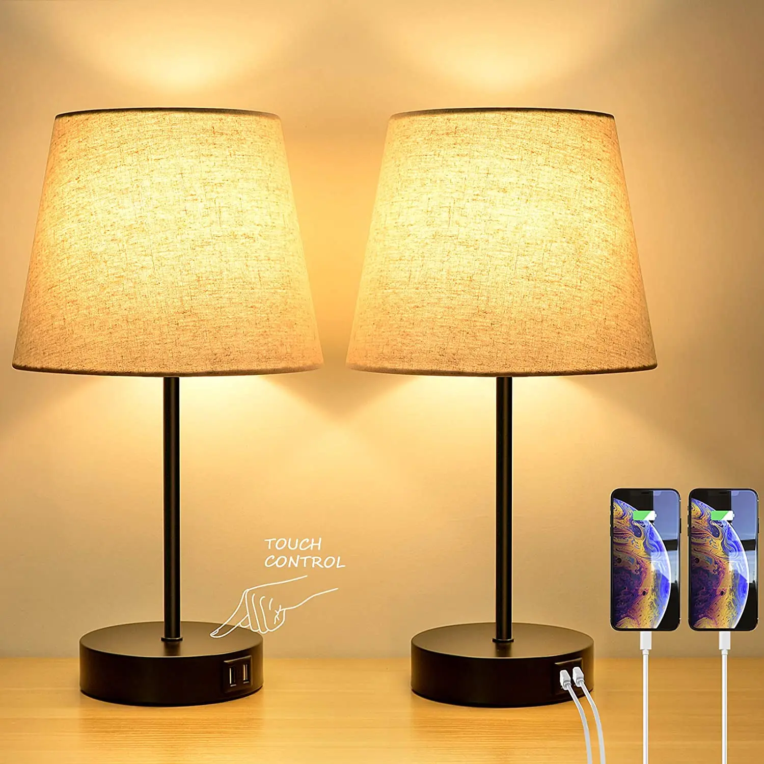 

Touch control dimmable table lamp with 2 USB bedside table lamps modern table lamp bedroom living room office, including E26 LED