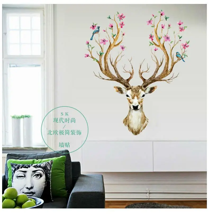 DIY пятнистого оленя голова цветы наклейки на стену для Гостиная художественные