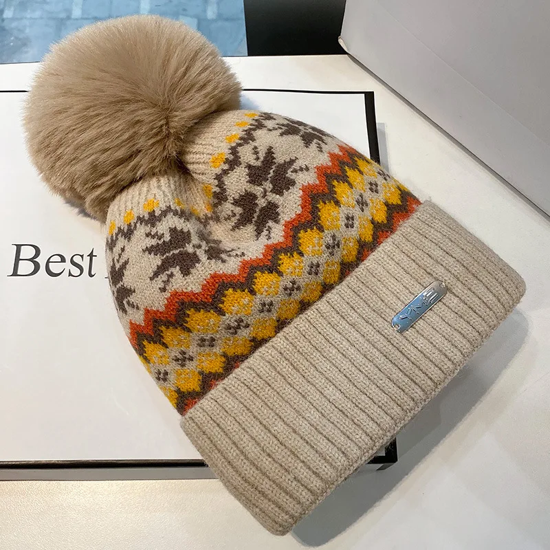 Рождественские облегающие шапки вязаная шапка со снежинками и оленями Женская