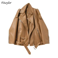 fitaylor spring autumn faux leather jackets women new loose casual coat female drop shoulder motorcycles outwear with belt