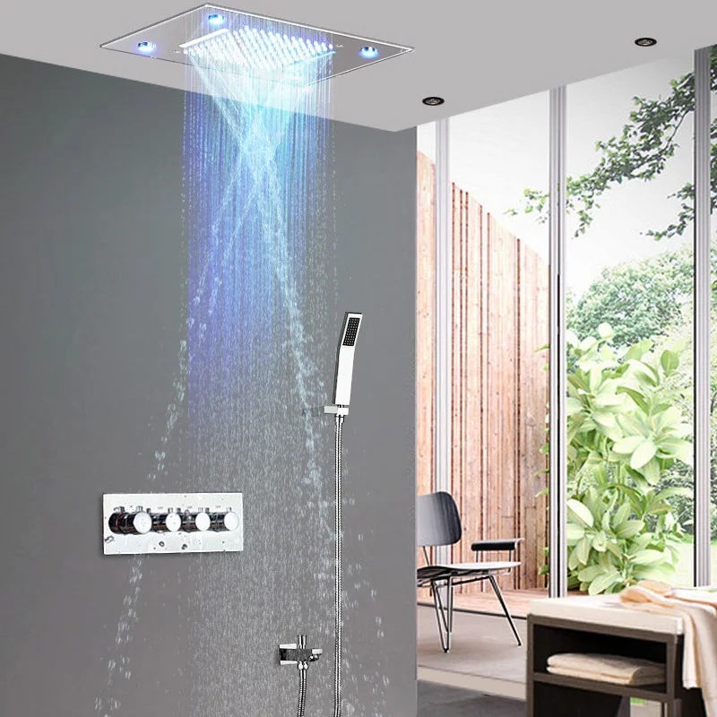 

Wall Mounted Thermostatic LED Shower Faucets Set Bathroom Rain Waterfall Shower System Bathtub Shower Top Spray Mixer Faucet Tap