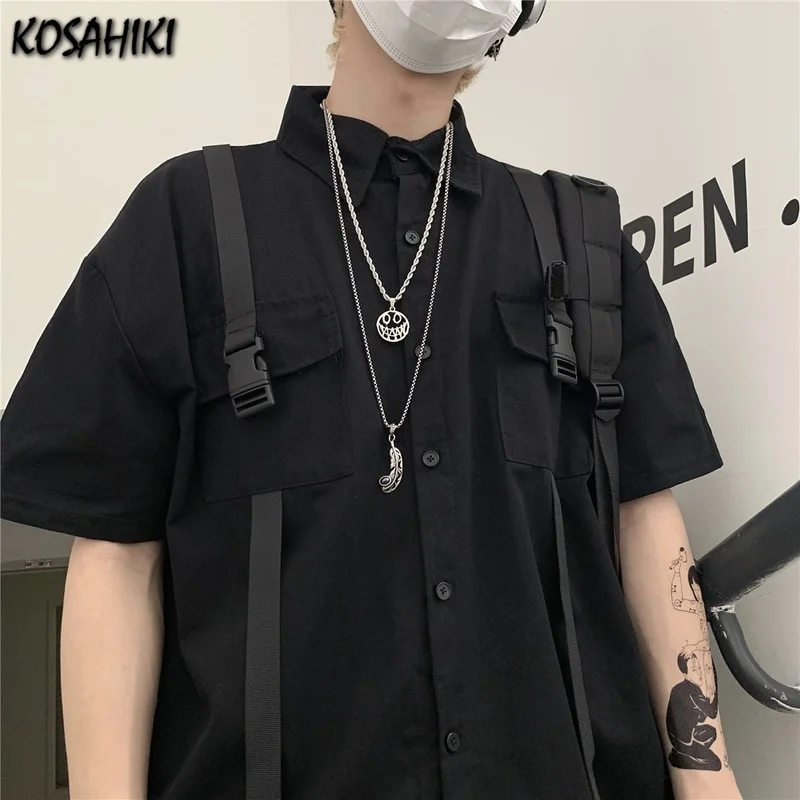 

KOSAHIKI Streetwear Shirt 2021 Spring Summer Korean Ins Hip-Hop Cargo Blouse Harajuku Black Style Loose All-Match Blusas