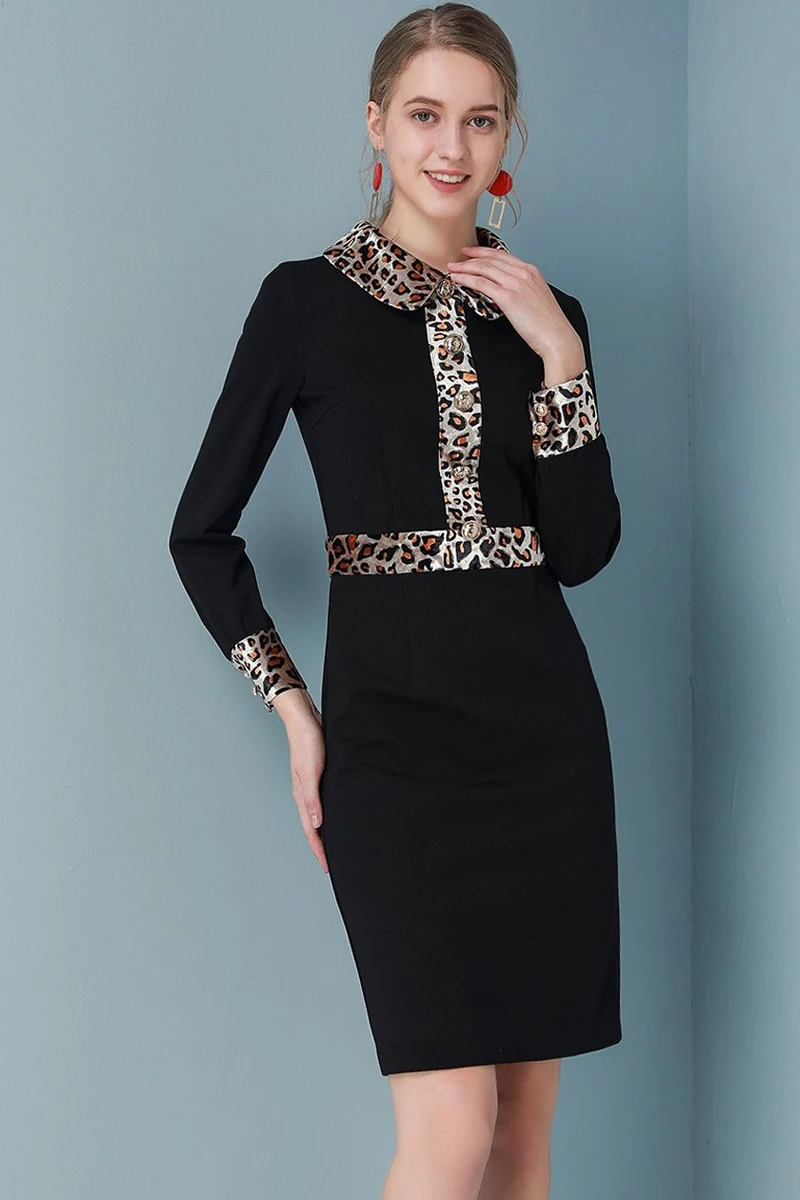 Red RoosaRosee Designer Women Spring Autumn Vintage Wrist Sleeve Leopard Black Mini Dress Elegant Party Vestidos Lady Robe Femme