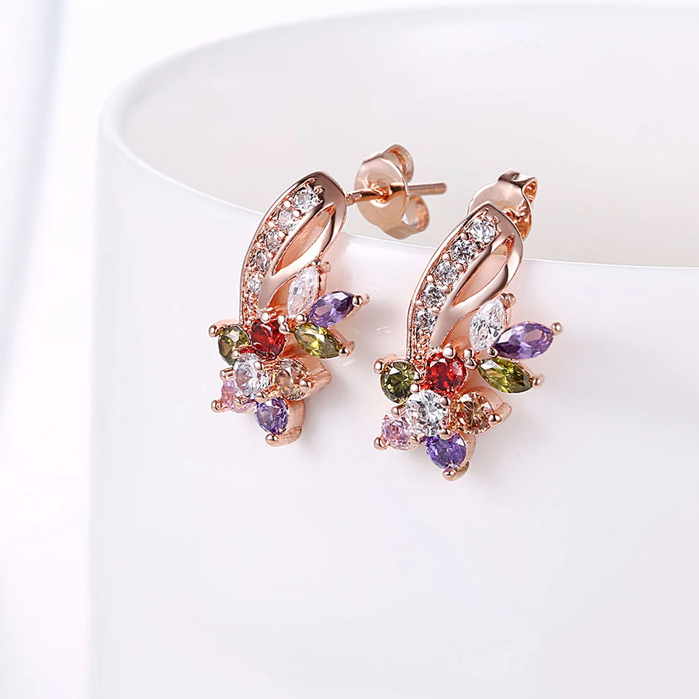 

ZEMIOR Romantic Flower Stud Earrings For Women Rose Gold Color Full Cubic Zirconia Earring Wedding Fashion Jewelry New Arrival