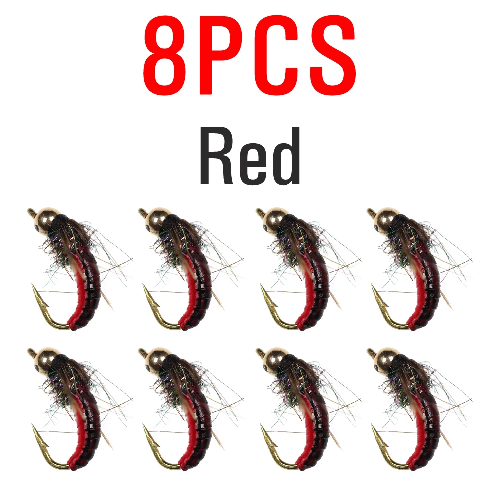 8pcs Red Color ICERIO 8 шт.#12 латунная бусина голова быстро Тонущая Nymph Scud Жук червь мухи форель нахлыстом приманка для рыбалки - Цвет: 8pcs Red Color