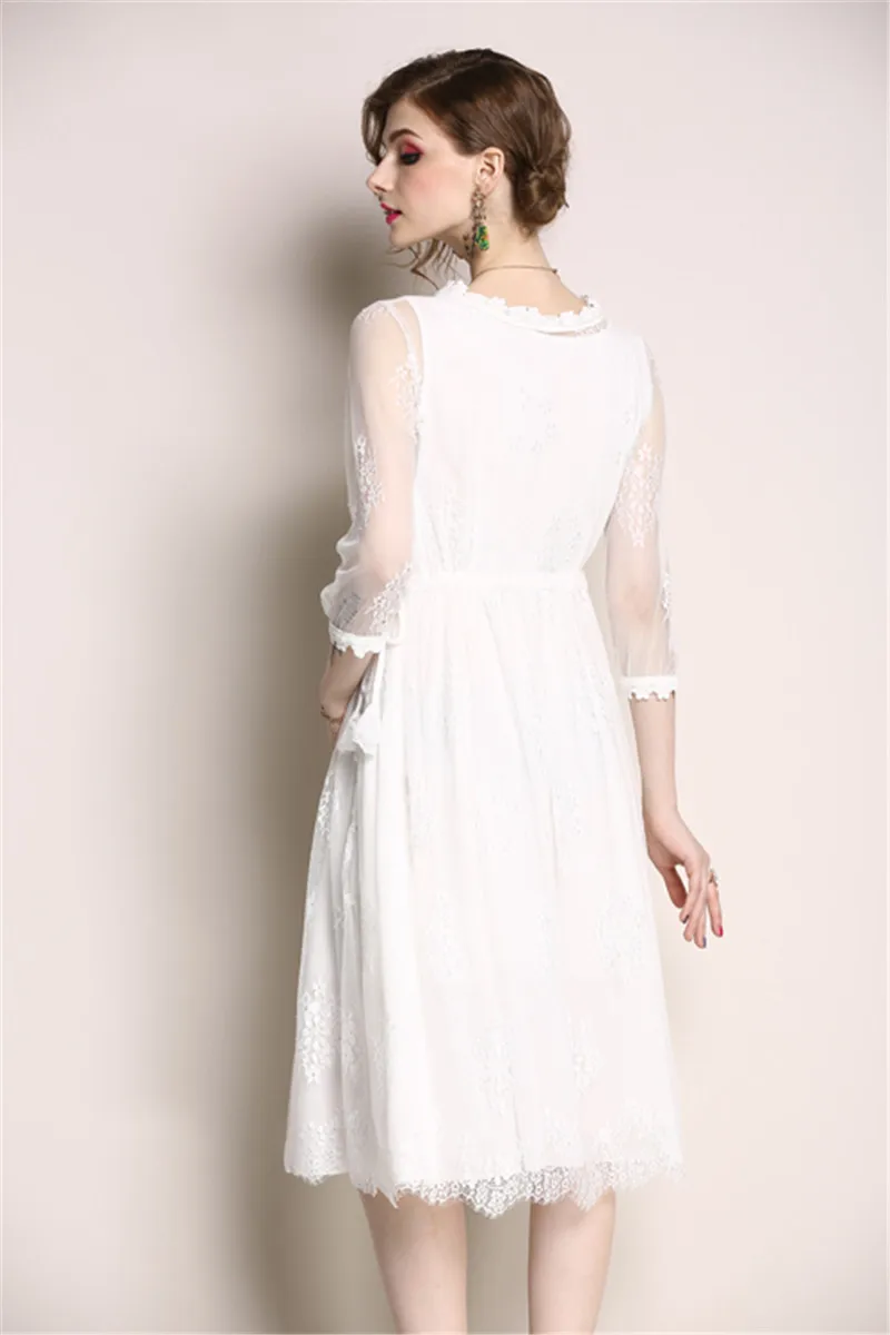 

Fashion Designer Women Dress Autumn Woman Mesh Lace Dress Female Elegant Office Party Robe White Patchwork Casual Dresses