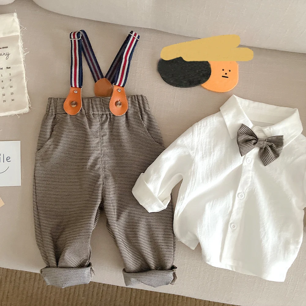

Formal Baby Boys Suit Spring Fall British Style Bow Tie White Shirt+Suspender Trousers 3Pcs Set Birthday Dress Child Clothing