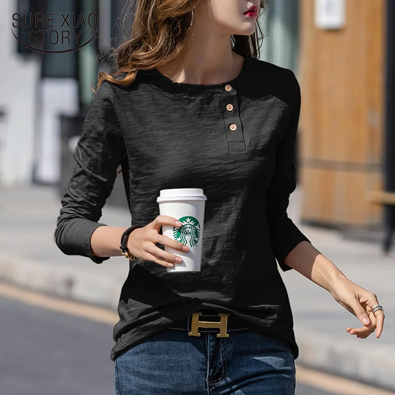Женская хлопковая футболка на пуговицах однотонная Элегантная с длинным рукавом