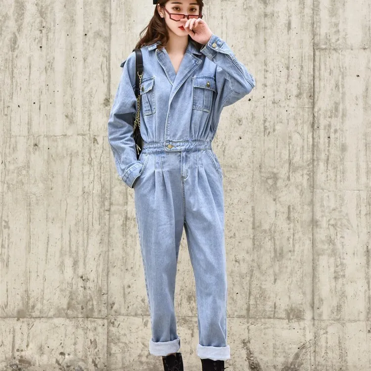 2019 New Solid Denim Jumpsuit Women Lapel Long Sleeve High Waist Jumpsuits Female Retro Casual Jeans Rompers | Женская одежда