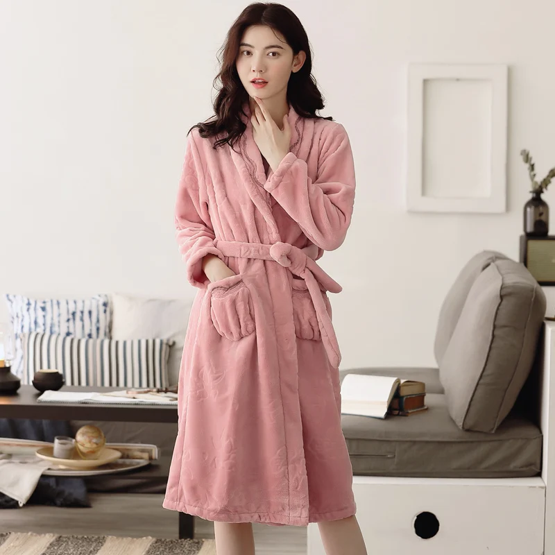 

High Quality Winter Robe Flannel Women Robe Nightgowns V-neck Cardigan Ladies Bathrobe