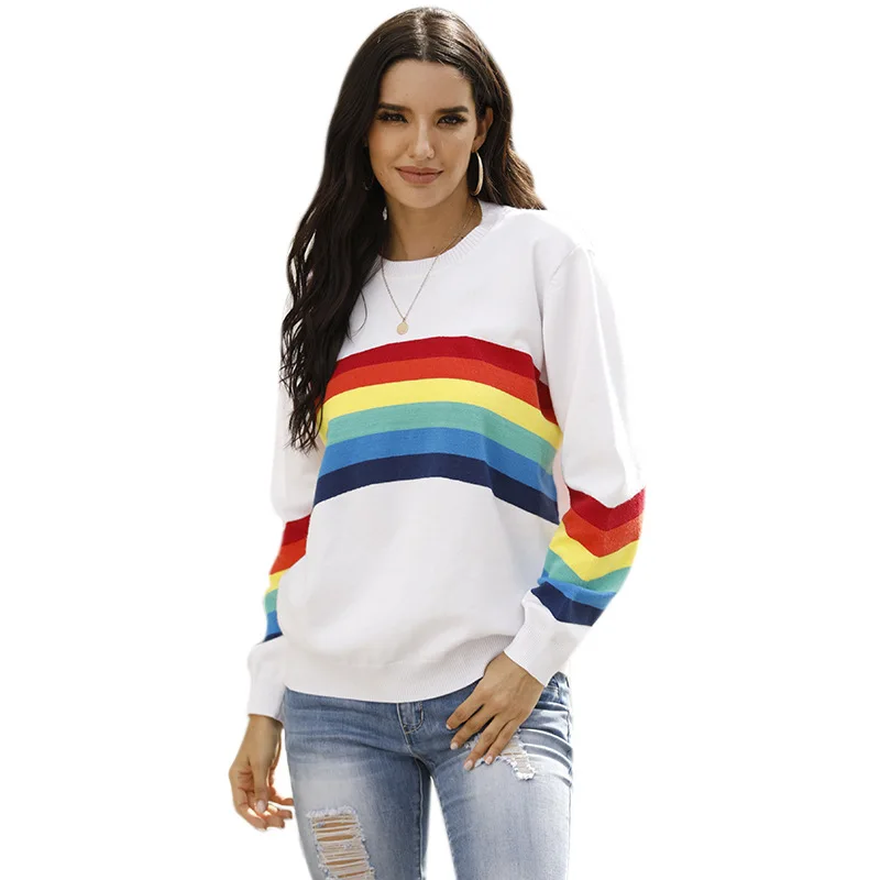 

2021 new student bottoming shirt rainbow stripe pullover sweater