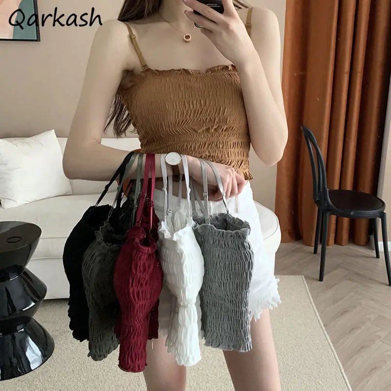 

Женский укороченный топ со складками, однотонная простая универсальная пляжная кофта в Корейском стиле, милый дизайн, Дамская подкладка в с...