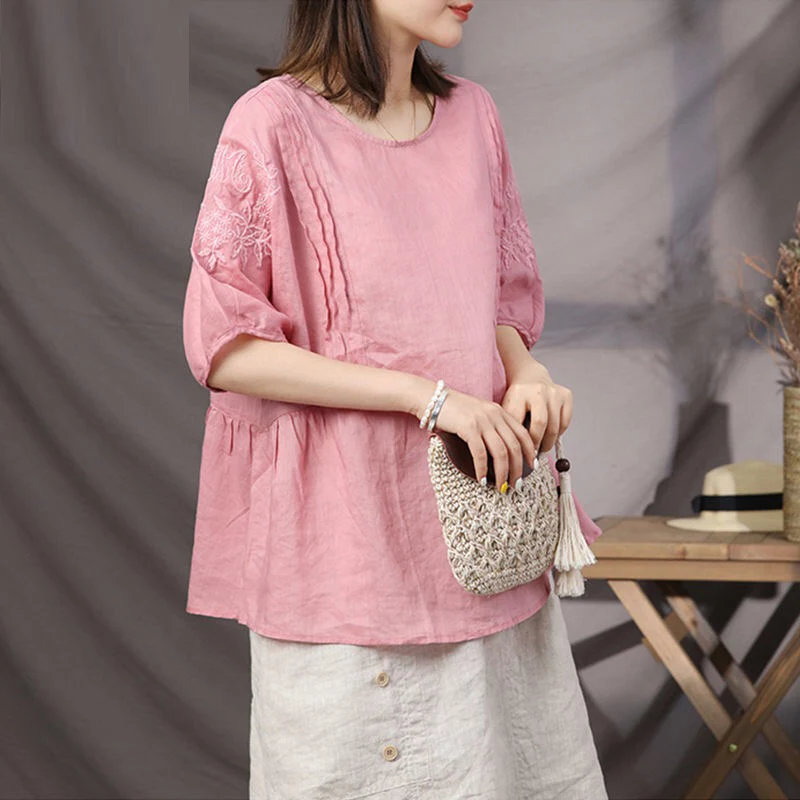 Женская свободная льняная блузка с вышивкой рубашки рукавом до локтя 4xl