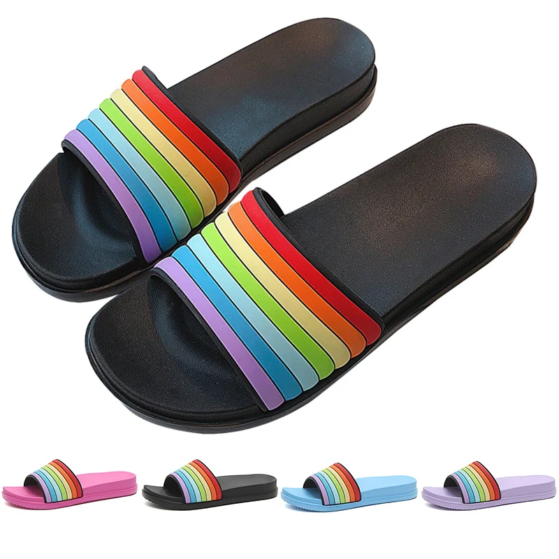 Женские летние шлепанцы радужной расцветки без застежки женские с мультяшным