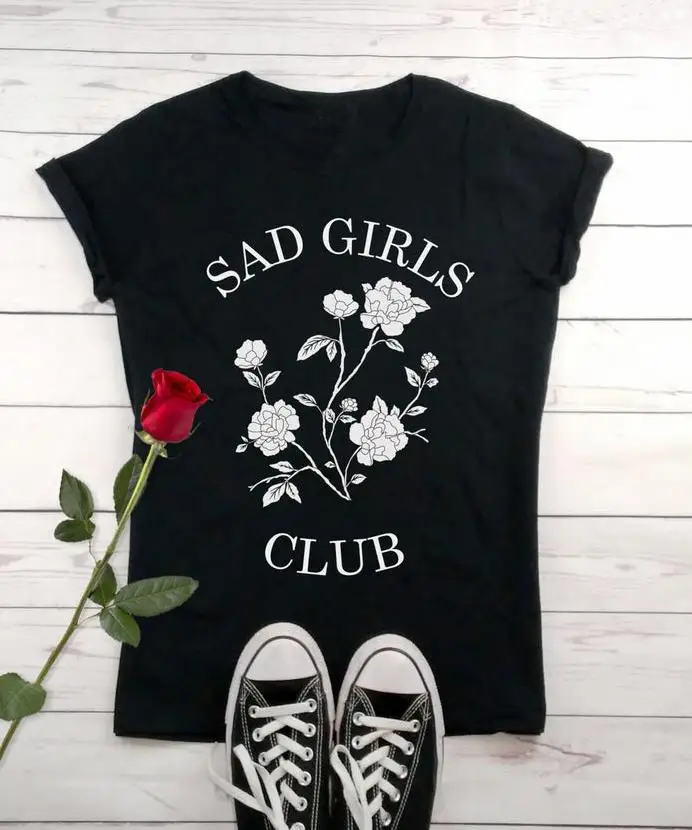 Black-white txt SAD/Милая футболка с цветочным принтом для девочек tumblr, Женская хлопковая Эстетическая футболка с рисунком гранж, модные футболки Camisetas, топ, футболка, Прямая - Цвет: Black-white txt