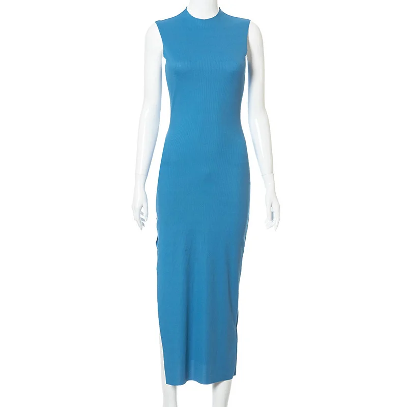 

Mozision Blue Casual O Neck Sleeveless Dress For Women Summer High Split Loose Long Dresses Female Fashion Elegant Dress