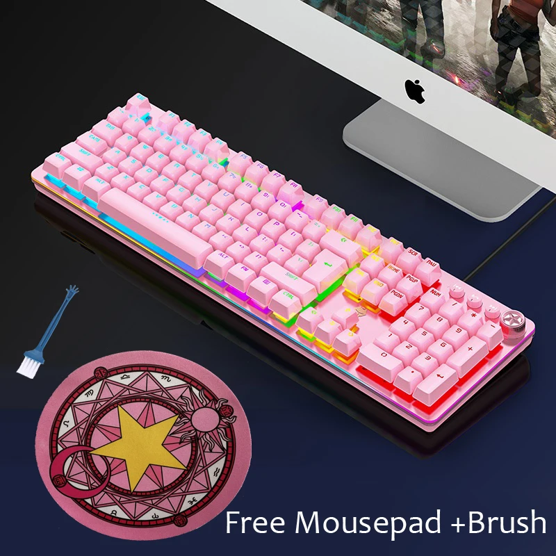

Free Mousepad Pink Mechanical Keyboard Gaming Office Application for Notebook PC Mechanical Green Switch 104 Keys PC Keybaord