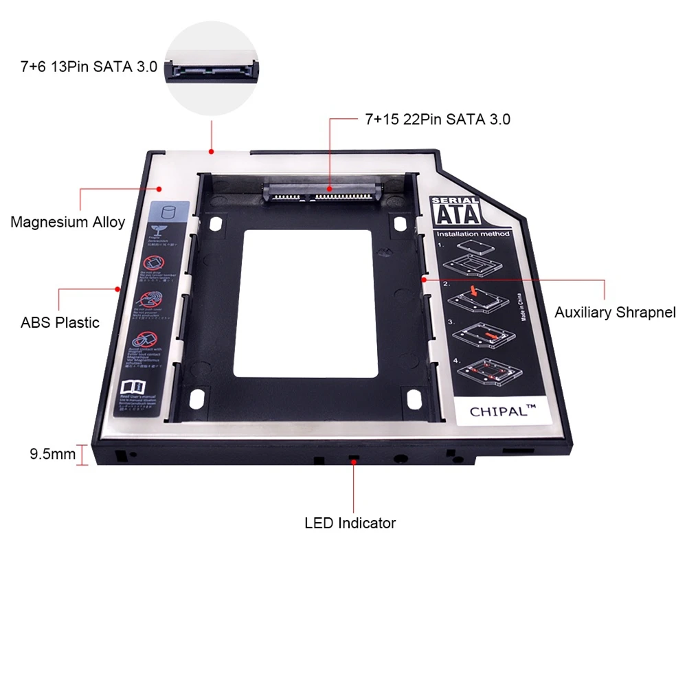 Универсальный SATA 3 0 2nd HDD Caddy 9 5 мм для 2 ƈ ТБ SSD чехол Корпус жесткого диска с